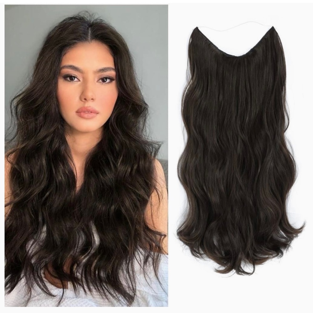 20” Invisible Hair Extensions Long Wavy Hair Extensions Dark Brown Synthetic